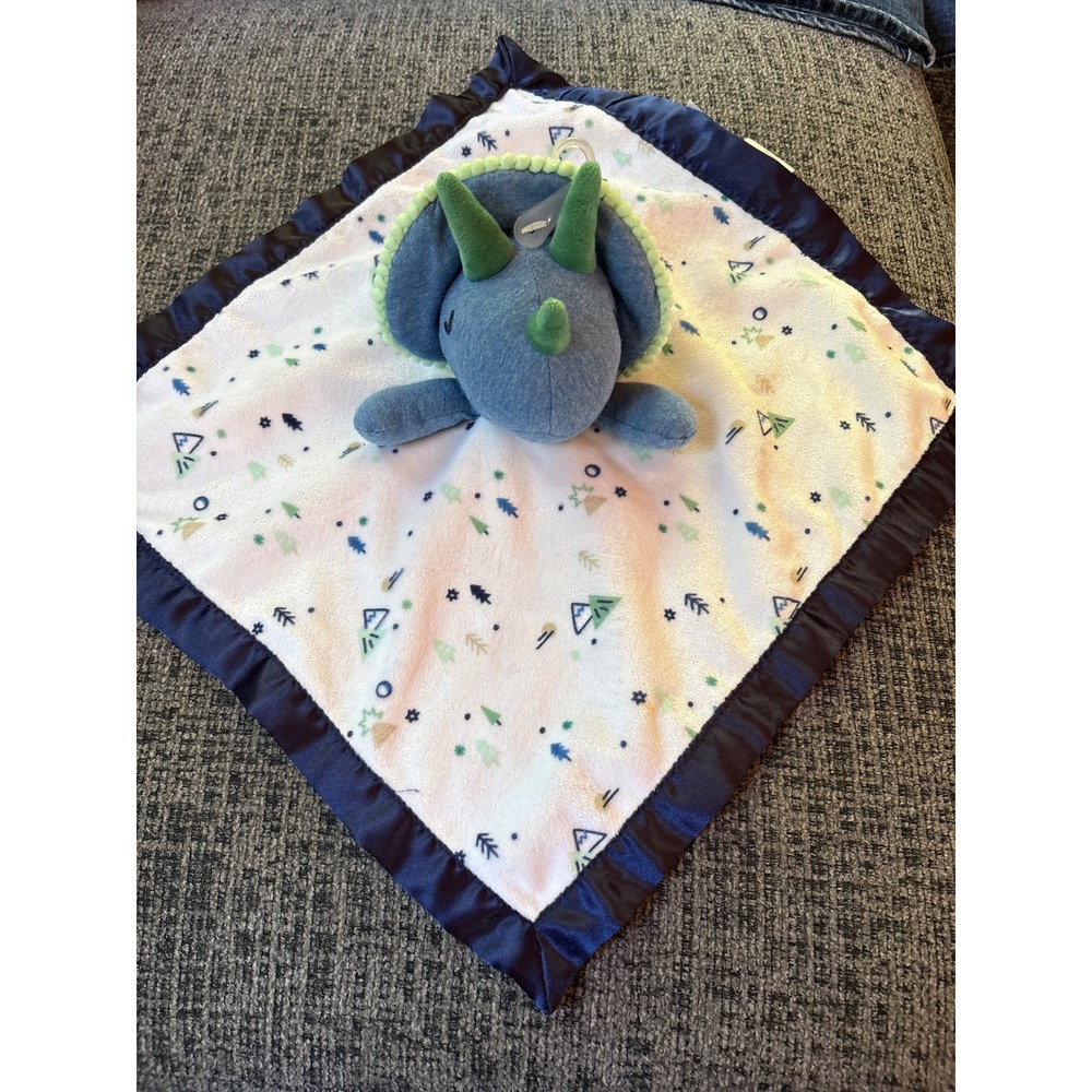 Cloud Island Blue Triceratops Dinosaur Security Blanket Lovey Forest Print 14in